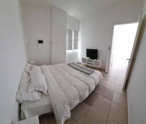 Un dormitorio blanco con una cama grande y un televisor. en Departamento centro ciudad, en Mendoza