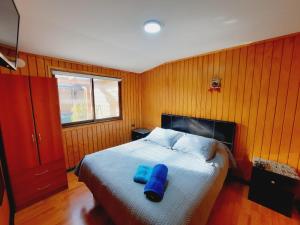 Un dormitorio con una cama con un objeto azul. en Cabaña La Foresta, en Coyhaique 11 fotos más