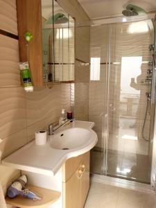 een badkamer met een wastafel en een douche bij Kamena Kuca in Crikvenica