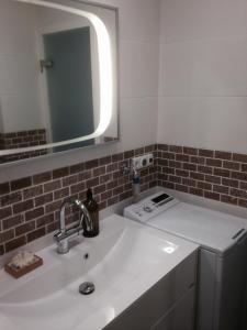 a bathroom with a sink and a mirror at Apartmenthaus Seetempel in Scharbeutz +20 photos