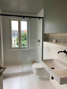 La salle de bains est pourvue de toilettes, d'une douche et d'un lavabo. dans l'établissement Lax und Sülze, à Leipzig