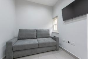 a gray couch in a white room with a tv at Charming Character House London in London