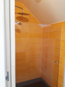 y baño con ducha y pared de azulejos marrones. en Gîte Avec Spa et Sauna Privatifs, en Poullaouen