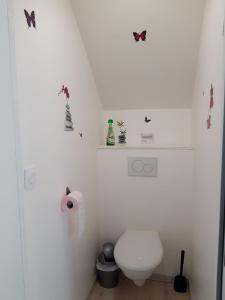 baño con aseo y mariposas en la pared en Gîte Avec Spa et Sauna Privatifs, en Poullaouen