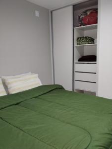 1 dormitorio con cama verde y armario en Departamento Renato Zanzin en Godoy Cruz