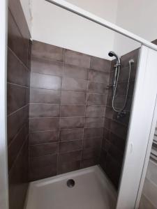 ducha con pared de azulejos marrones en Vista mare rooms, en Gasponi