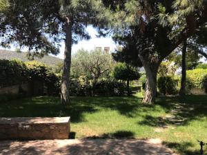 een park met bomen en gras en een bank bij NATURE & SEA in Saronida