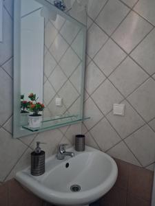 a white sink in a bathroom with a mirror at Lemi Apartments in Rizá