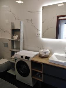 een badkamer met een wasmachine en een wastafel bij Apartments F&T in Mošćenička Draga