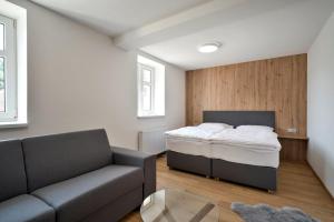 a bedroom with a bed and a couch and a table at Penzion SALAŠ in Salaš