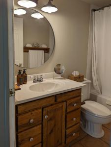 a bathroom with a sink and a toilet and a mirror at The Cooper's Inn in Shelburne