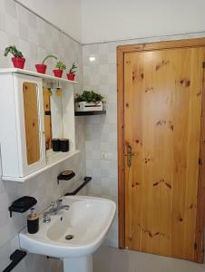 La salle de bains est pourvue d'un lavabo et d'une porte en bois. dans l'établissement Seafront, à San Sostene Marina