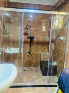 a bathroom with a shower with a sink and a toilet at Kefetew Guest House in Addis Ababa