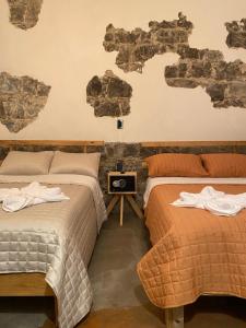 two beds in a room with a map on the wall at El Acicate Hospedaje in Cuetzalán del Progreso