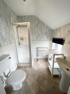 a bathroom with a shower and a toilet and a sink at Clarence House in Skegness