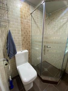 a bathroom with a toilet and a glass shower at Studio apartment in Yerevan in Yerevan