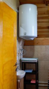 a bathroom with a sink and a mirror and a light at Mountain house Drveni Raj in Žabljak