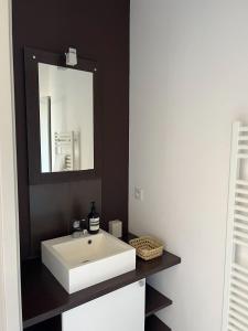 y baño con lavabo blanco y espejo. en Maison Lumière - Appart. T2 architecte intra-muros en Aviñón