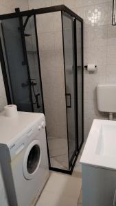 eine Waschmaschine im Bad mit Dusche in der Unterkunft Studio Apartment Bosko in Novalja