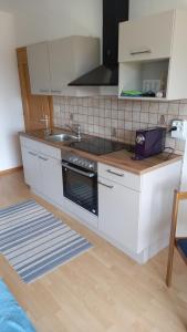 cocina con armarios blancos, fregadero y fogones en Apartment Komar, en Sankt Stefan an der Gail