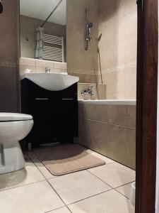 een badkamer met een wastafel, een bad en een toilet bij Nairo Aparthotel in Braşov