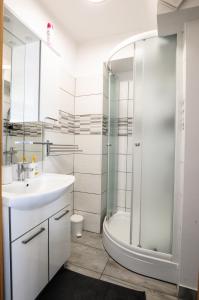 a bathroom with a sink and a shower at Bellevue Molet apartments Koper in Koper