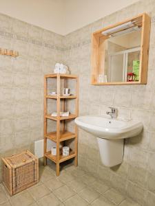 a bathroom with a sink and a shelf and a mirror at Agriturismo Filippon in Tambre dʼAlpago