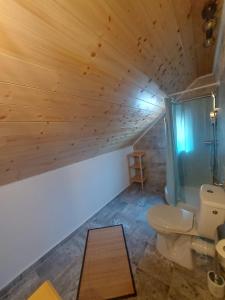 a bathroom with a toilet and a wooden ceiling at Haihui pe Rusca in Sebeşu de Jos +37 photos