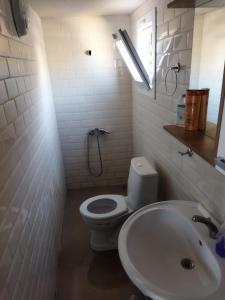 a bathroom with a white toilet and a sink at Pavlonya Bungalows in Mugla