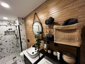 a bathroom with a sink and a mirror on a wall at Jourek Apartment in Varaždin