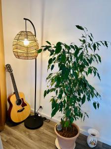 a plant sitting next to a lamp and a guitar at Jolie chambre 3minutes de la Gare RER A in Bussy-Saint-Georges