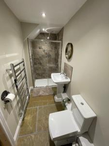 een badkamer met een toilet, een wastafel en een douche bij Converted Bullamoor Barns, Northallerton in Northallerton
