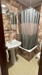 uma casa de banho com um lavatório e uma cortina de chuveiro em Apartamento céntrico en Azpeitia em Azpeitia