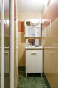 La salle de bains est pourvue d'un lavabo blanc et d'un miroir. dans l'établissement F2 Osakue, à Aubervilliers