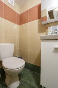 La salle de bains est pourvue de toilettes et d'un lavabo. dans l'établissement F2 Osakue, à Aubervilliers