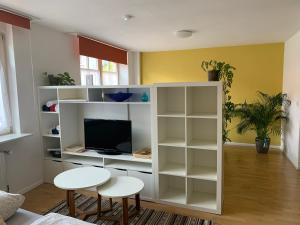 a living room with a white book shelf at Barocke Stadtvilla Ophelia nahe Europapark 45qm 1,5 Zi Studio in Ettenheim