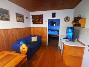 sala de estar con sofá azul y TV en Hiška pr Bohinjski mami, en Bohinj