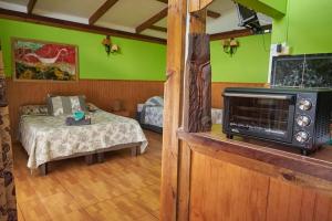 1 dormitorio con 1 cama y fogones en una habitación en Cabañas Maria Hau, en Hanga Roa