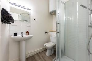 La salle de bains est pourvue de toilettes, d'un lavabo et d'une douche. dans l'établissement Le 17 Madeleine, à Besançon