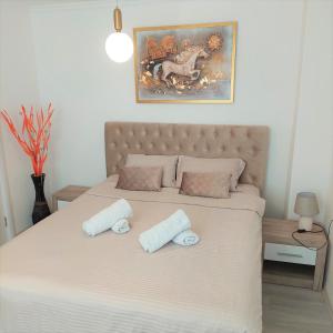 een slaapkamer met een bed met 2 kussens erop bij City lux Square apartments Skopje in Skopje