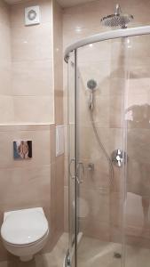 a bathroom with a shower and a toilet at Luxury Apartments Ekaterina in Chernomorets +99 photos