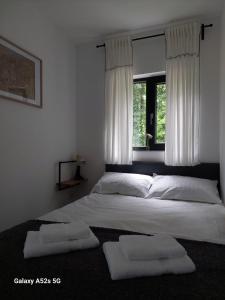 a bedroom with a large bed with two white pillows at Casa de pe un Deal-Provita de Sus-Prahova in Proviţa de Sus