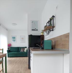 a kitchen and living room with a green couch at Casa de pe un Deal-Provita de Sus-Prahova in Proviţa de Sus