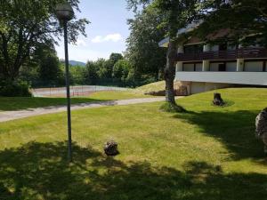 a lamp post in the grass next to a building at Appartement Les rousses, Jura in Les Rousses