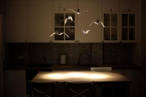 a kitchen with birds flying over a kitchen counter at WYSPA MEW - apartament PREMIUM z prywatnym ogrodem, 150 m od plaży in Gąski +59 photos