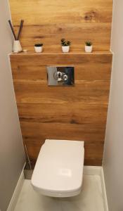 - des toilettes blanches dans une salle de bains avec des plantes au mur dans l'établissement Rádi Apartman, à Eger