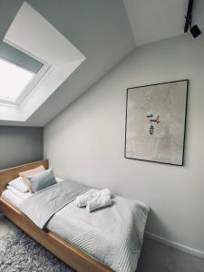 a bedroom with a bed and a skylight at Apartament Dwie Sosny Patrycja in Ustronie Morskie