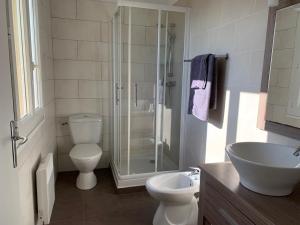 La salle de bains est pourvue d'une douche, de toilettes et d'un lavabo. dans l'établissement Les Asphodèles, à Partinello