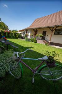 a bike parked in the grass in a yard at Siebenbürger Haus in Sibiu