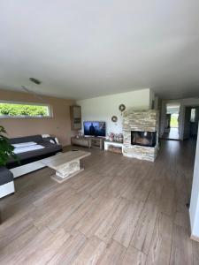 a living room with a couch and a fireplace at Hiša Helena in Kranj